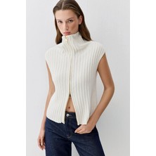 Mavi Yün ve Kaşmir Karışımlı Fermuarlı Ekru Süveter 1710827-70057