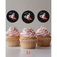Zayna's Kozmik Uzay Temalı Astronot Baskılı 16 Adet Parti Sunum Cupcake Kürdanı