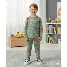 Isobel Isob Yeşil Arabalar Desenli Interlok %100 Pamuk Erkek Çocuk Pijama Takımı 3-13 Yaş 42003