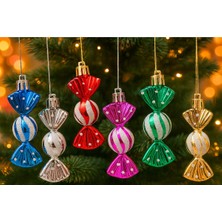 6’li Şeker Şeklinde Yılbaşı Süsü 9 cm | Renkli Çam Ağacı Dekoru Seti Şeker Süs