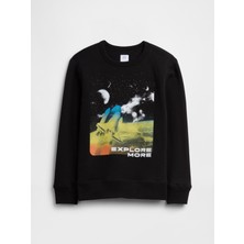 Gap Erkek Çocuk Siyah Bisiklet Yaka Grafik Sweatshirt
