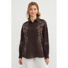 FullaModa Geometrik Nakışlı Bol Gömlek