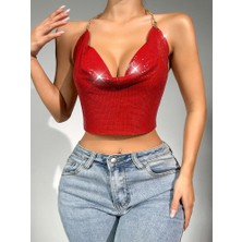 Moda Şahsenem Parlak Kırmızı Crop & Bluz Kolsuz Kayık Yaka Zırh Büstiyer