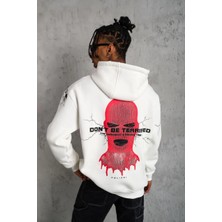 Erkek Oversize Üç Iplik Kapüşonlu Sweatshirt - 'don T Be Terrified' Ön, Sırt ve Kol Baskılı, Kanguru Cepli, Ribanalı Rahat Model - Beyaz