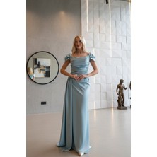 Feminist Turkuaz Drape Detaylı Saten Kumaş Abiye Elbise 9704858.14