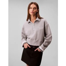Calvin Klein Calvın Kleın Kadın Marka Logolu Pamuk Karışımlı Yarım Fermuarlı Şık Görünümlü Gri Sweatshirt LVGWF5W310 P7A