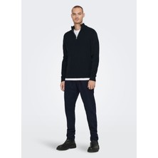 Only & Sons Normal Düz Koyu Lacivert Erkek Kazak Onsphıl Reg 12 Struc Half Zıp Knıt