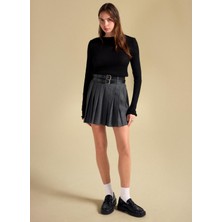 People By Fabrika Yüksek Bel Antrasit Kadın Piliseli Mini Etek PBF5WL-ETK5106