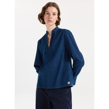 Lee Cooper Dik Yaka Düz Koyu Mavi Kadın Bluz 261 Lcf 242001 Shır Denım