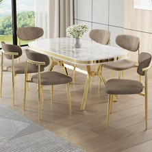 Canisa Olya Serisi 90X168 Lak Panel Beyaz Mermer Desen Masa Takımı Gold Ayaklı 6 Sandalye