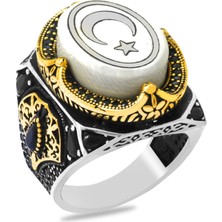 Tesbihane Fildişi Üzerine Ayyıldız Işlemeli Kenarları Zirkon Taşlı Koleksiyonluk 925 Ayar Gümüş Erkek Yüzük