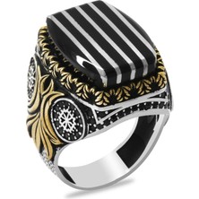 Tesbihane Erzurum Oltu Taşı Üzerine Gümüş Dikey Şerit Işlemeli Koleksiyonluk 925 Ayar Gümüş Erkek Yüzük