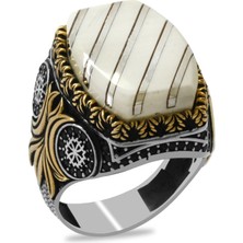 Tesbihane Fildişi Üzerine Gümüş Çapraz Şerit Işlemeli Alev Süslemeli Koleksiyonluk 925 Ayar Gümüş Erkek Yüzük