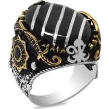 Tesbihane Erzurum Oltu Taşı Üzerine Gümüş Çapraz Şerit Işlemeli Koleksiyonluk 925 Ayar Gümüş Erkek Yüzük