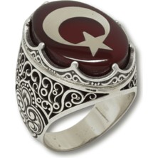 Tesbihane Kırmızı Kehribar Üzerine Ayyıldız Desenli Kral Tacı Detaylı Oval Tasarım 925 Ayar Gümüş Erkek Yüzük