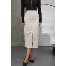 OEY Fashions Yırtmaçlı Uzun Deri Etek Krem