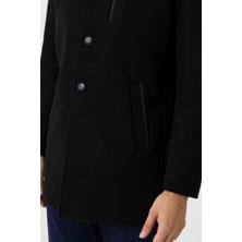 Süvari Hakim Yaka Siyah Yünlü Regular Erkek Kaban Polyester Karışımlı Slim Fit Tasarım