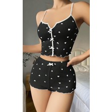 Moda Şahsenem Kadın Siyah Kalp Desenli Askılı Şortlu Pijama Takım 6650