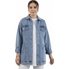 Kadın Cep Detaylı Denim Mavi Kot Ceket