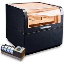 Cigarloong Karbon Desen Camlı Katlı Humidor Puro Kutusu 150S CIGARSPA Elektronik Nemlendirme