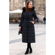 Barbora Günlük Kışlık Tam Boy Kürklü Kadın Siyah Şişme Mont