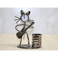 Hediye Bahçesi Metal Gitar Çalan Müzisyen Kedi Saat ve Kalemlik