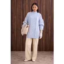 HE-QA Püskül Detaylı Örme Kazak Buz Mavi