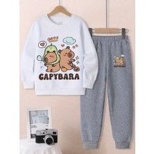 Punix Kids Punıx Kıds Özel Seri Yuvarlak Yaka Capybara Avokada Baskılı %100 Pamuk Kışlık Çocuk Eşofman Takımı