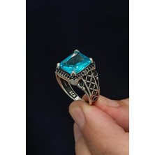 Yüzük Sanatı Kare Aqua Mavi Taşlı 925 Erkek Gümüş Yüzük