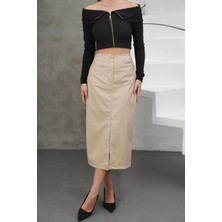 Kazax Yırtmaçlı uzun deri etek bej