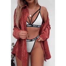 Moda Şahsenem Kadın Beyaz Yazı Detaylı Ipli Sütyen Takımı