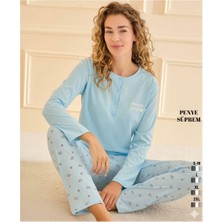 Biricik İç Giyim Kadın Mavi Pamuklu Üç Düğmeli Pijama Takımı Weekend Desenli Ev Giyim