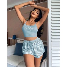 Moda Şahsenem Kadın Mavi Çizgilidesenli Askılı Şortlu Pijama Takım 9001