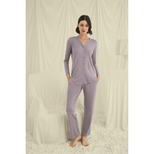 BM Trends Uzun Kollu Boydan Düğmeli V Yaka Pijama Takımı