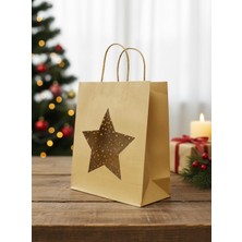 Parti Adresi Karton Çanta Yıldız Pencereli Alışveriş Çantası Hediye Çantası Kraft 26X32X12 cm 20'li
