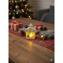 Dodomar Yılbaşı Ledli Fener (15 Cm) - Ev Modeli Beyaz Renk Dekoratif Pilli Işıklı Masa Süsü ve Gece Lambası