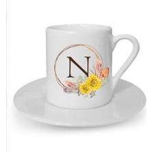 Çiçek Desenli N Harfi Baskılı Beyaz Türk Kahvesi Fincanı