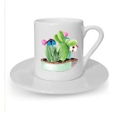 Kaktüs Kuş Evi Baskılı Beyaz Türk Kahvesi Fincanı