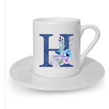 Mavi Renkli H Harfi Baskılı Beyaz Türk Kahvesi Fincanı