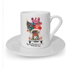 Yılbaşı Noel Temalı Sevimli Kedi Baskılı Beyaz Türk Kahvesi Fincanı