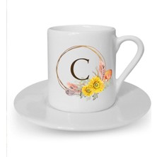 Çiçek Desenli C Harfi Baskılı Beyaz Türk Kahvesi Fincanı