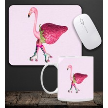 Baskılı Kupa & Pembe Çilekli Flamingo Motifli Mouse Pad 23X19CM Fare Altlığı Kaydırmaz Taban DE586 O