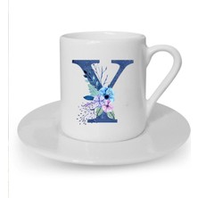 Mavi Renkli Y Harfi Baskılı Beyaz Türk Kahvesi Fincanı