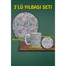 Yılbaşı Temalı 3'lü Bilek Destekli Mousepad Kupa ve Bardak Altlığı Seti