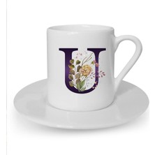 Kahverengi Gül U Harfi Baskılı Beyaz Türk Kahvesi Fincanı