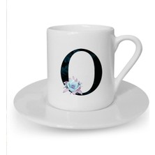 Mavi Çiçekli O Harfi Baskılı Beyaz Türk Kahvesi Fincanı