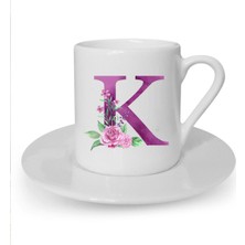 Mor Renkli K Harfi Baskılı Beyaz Türk Kahvesi Fincanı