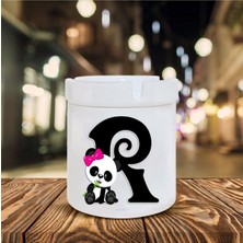 Beyaz Panda Desenli R Harfi Baskılı Seramik Şık Küllük