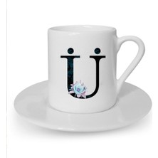 Mavi Çiçekli Ü Harfi Baskılı Beyaz Türk Kahvesi Fincanı