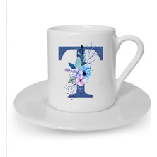 Mavi Renkli T Harfi Baskılı Beyaz Türk Kahvesi Fincanı